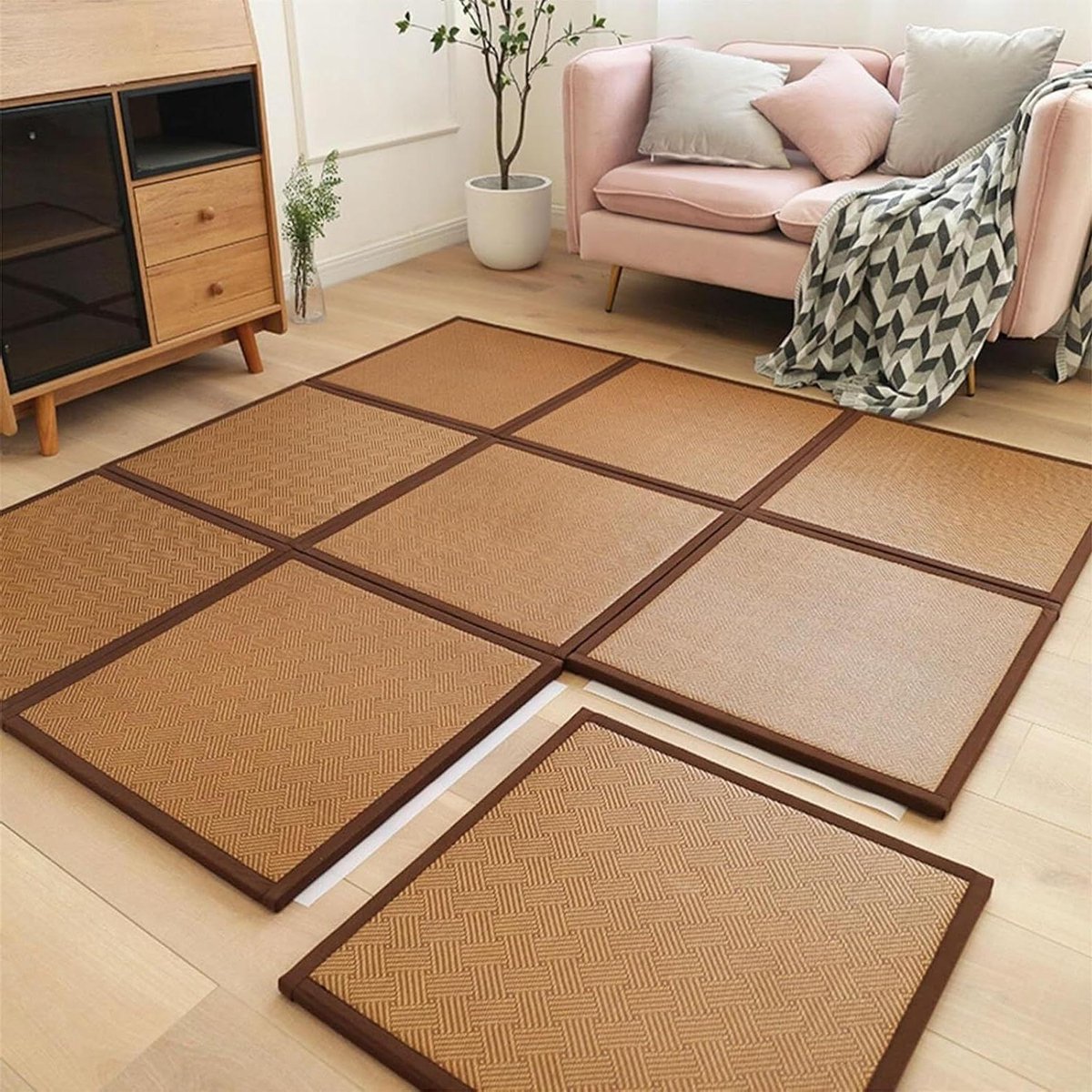 Vloermat - Tatami mat rotan - Comfortabel rusten - Opvouwbaar ontwerp - 180x180 cm - Japans geometrisch