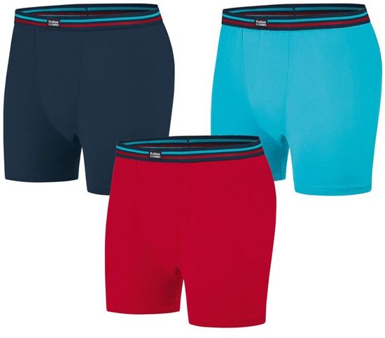 Set van drie Atlas For Men boxershorts in donkerblauw, turquoise en rood, elk met een gestreepte tailleband.