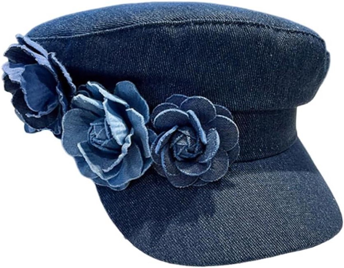 Denim Petten - Baret Pet - Mode Accessoire - Bloemen Decoratie - One Size - Blauw