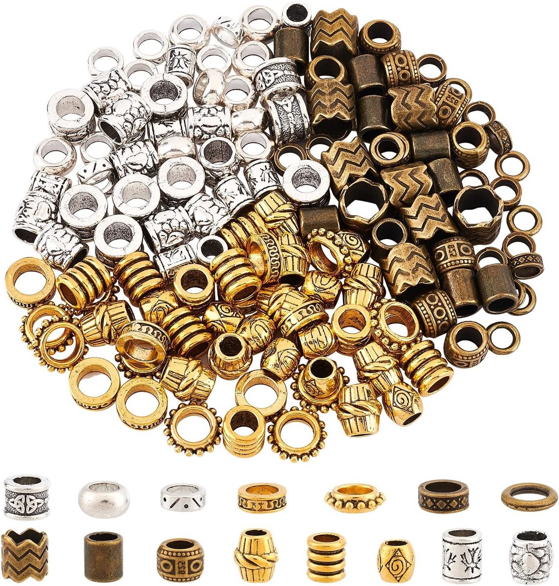 Tibetaans Stijl Dreadlock Kralen - 15 Soorten Losse Gevlochten Haar Kralen voor DIY Sieraden en Haaraccessoires, Ideaal voor Afrikaanse Haarstijl en Ponytail Decoratie