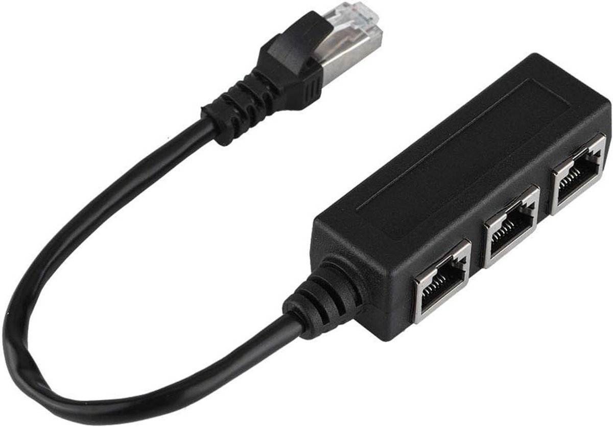 Ethernet Verlengkabel - Netwerk Splitter Adapter - Internet Delen - Drie Poorten - 15 x 2 x 1 cm - Zwart