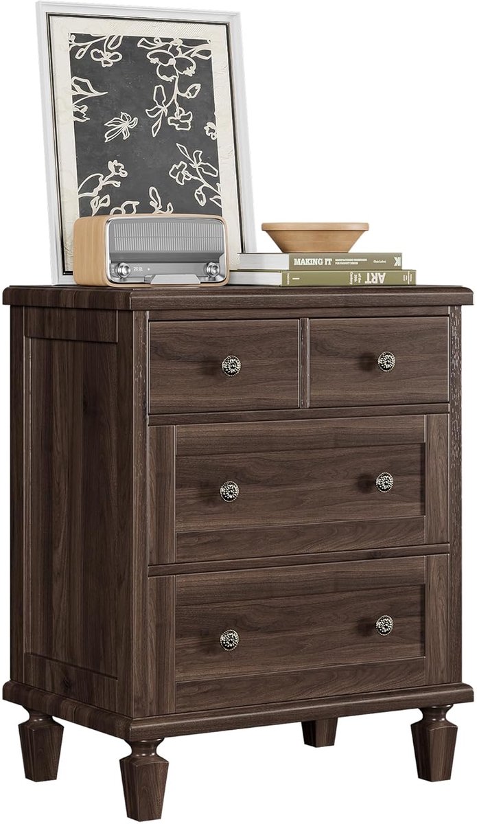 HOERFURIY Vintage Ladekast met 4 Lades - Houten Opbergkast met Taps Toelopende Poten & Uitgesneden Handgrepen - Slaapkamer & Woonkamer - Donkerbruin