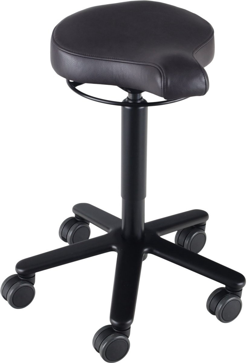 Biker zadelkruk leer Ebony- zwarte gaslift en kruispoot - leder bekleding – kleur Ebony