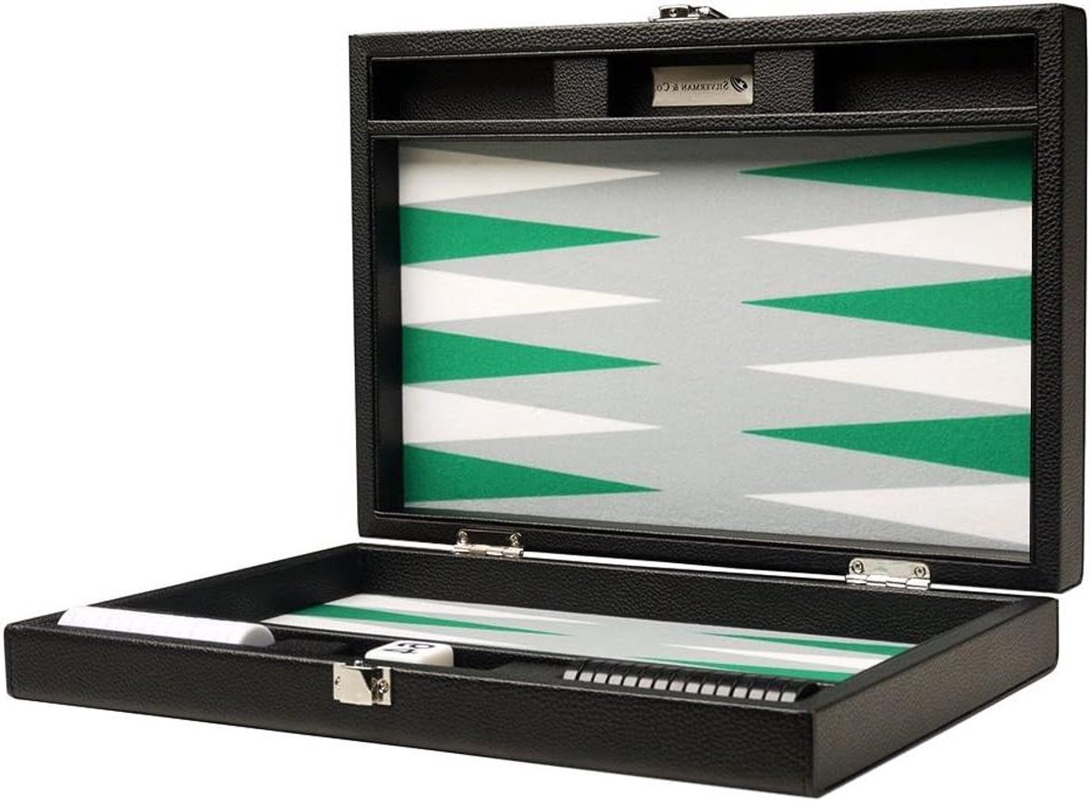 Backgammon Set - Reis Backgammon - Strategisch Spel - Kunstleren Buitenkant - 13 inch - Zwart Wit Groen