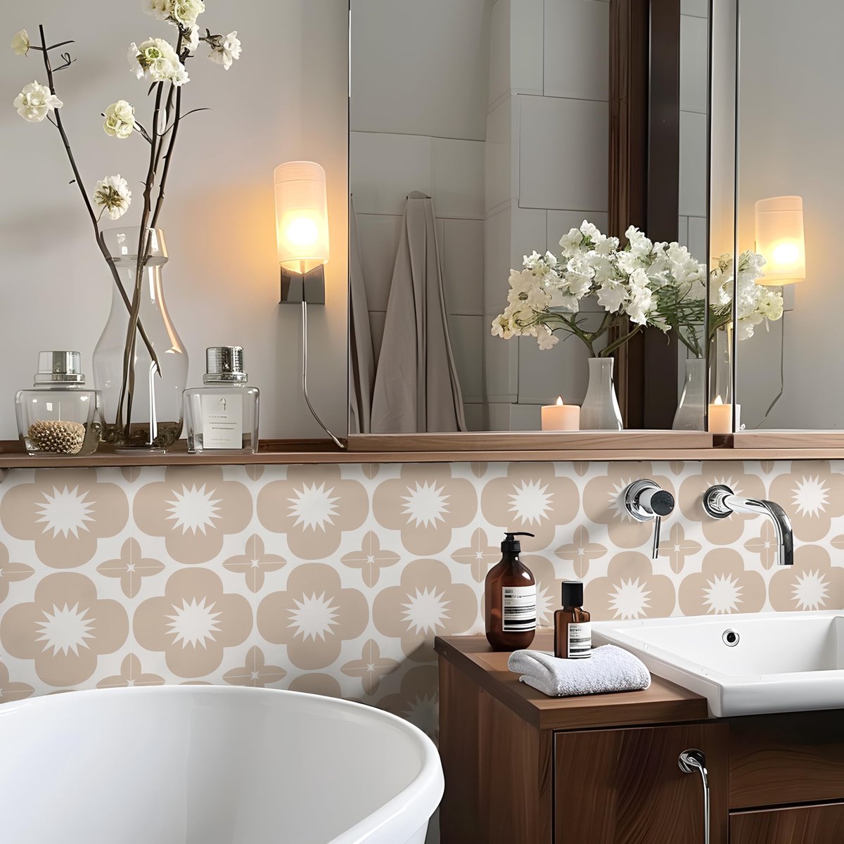 aladdien - Tegelstickers - Zelfklevende Vinyl Stickers - Geschikt voor Badkamer en Keuken - Beige Bloemen - Makkelijk aan te brengen - Duurzaam - De...