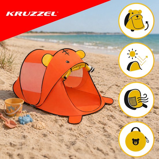 Kruzzel Kinder strandtent beer 180 x 95 x 82 cm met zelfuitvouwende constructie, mesh panelen, rits en transporthoes — afbeelding 3