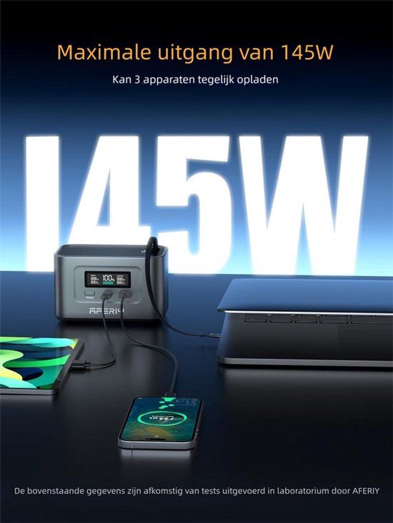 Grijze AFERIY powerbank laadt tegelijkertijd een laptop, smartphone en tablet op. "Maximale uitgang van 145W".
