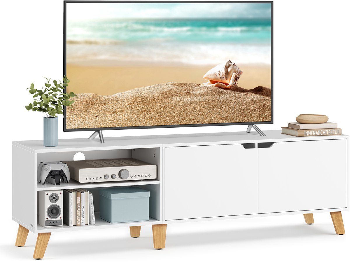Vasagle TV Meubel - TV-meubel met 2 Deuren - 160 cm Lang - Verstelbare Planken - Voor Woonkamer Slaapkamer Sneeuwwit