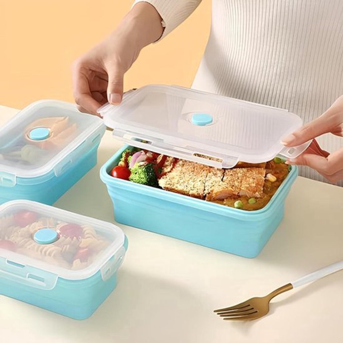4 Maten Siliconen Lunchbox Bento Box Draagbare Opvouwbare Magnetronbestendige Voedselcontainer Vaatwasmachine- En Vriezerbestendig(500ML-Groente)