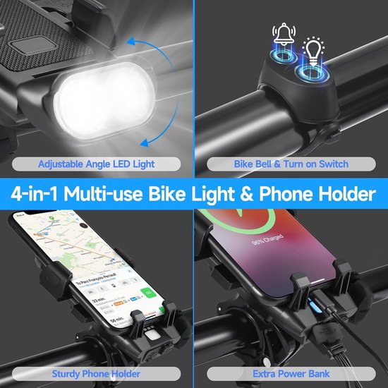 VHV - Fiets telefoonhouder met lamp - USB fiets voorlicht - LED koplamp met houder 500 lumen 3000 mAh 3 standen - voor navigatie, woon-werkverkeer en fietsen — afbeelding 3