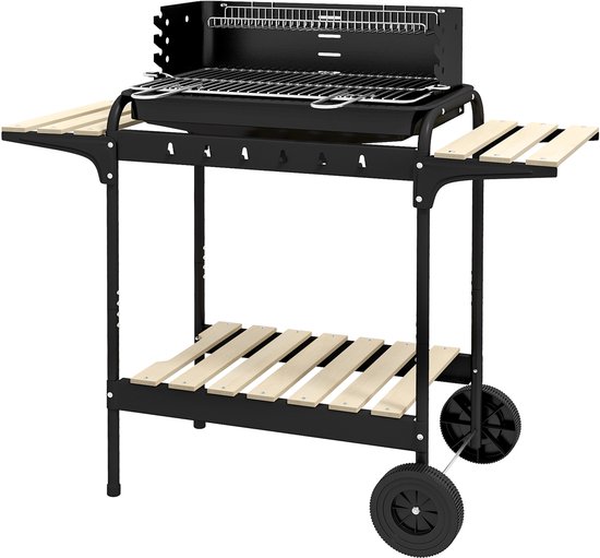 Houtskoolbarbecue van metaal BBQ-smoker met wielen, in hoogte verstelbaar grillrooster, houtrek 103x47x95 cm Zwart — afbeelding 2