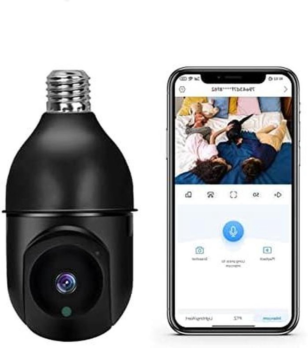 Lampcamera 1080P - Beveiligingscamera WiFi - Huisbewaking - 360 IR Nachtzicht - 17 x 6.5 cm - Zwart