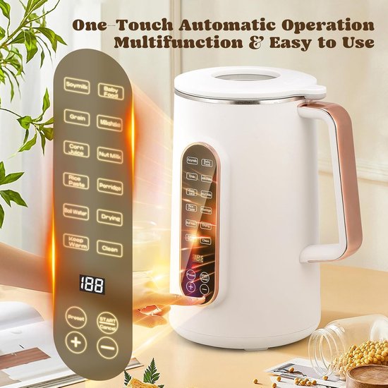 Notenmelkmaker, 1,2 liter, 8-in-1 automatische sojamelkmachine voor amandel-, haver- en melkvrije dranken, 10 messen, 12 uur vertragingstart, zelfreiniging en warmhoudfunctie, 220 V van Merkloos — afbeelding 2