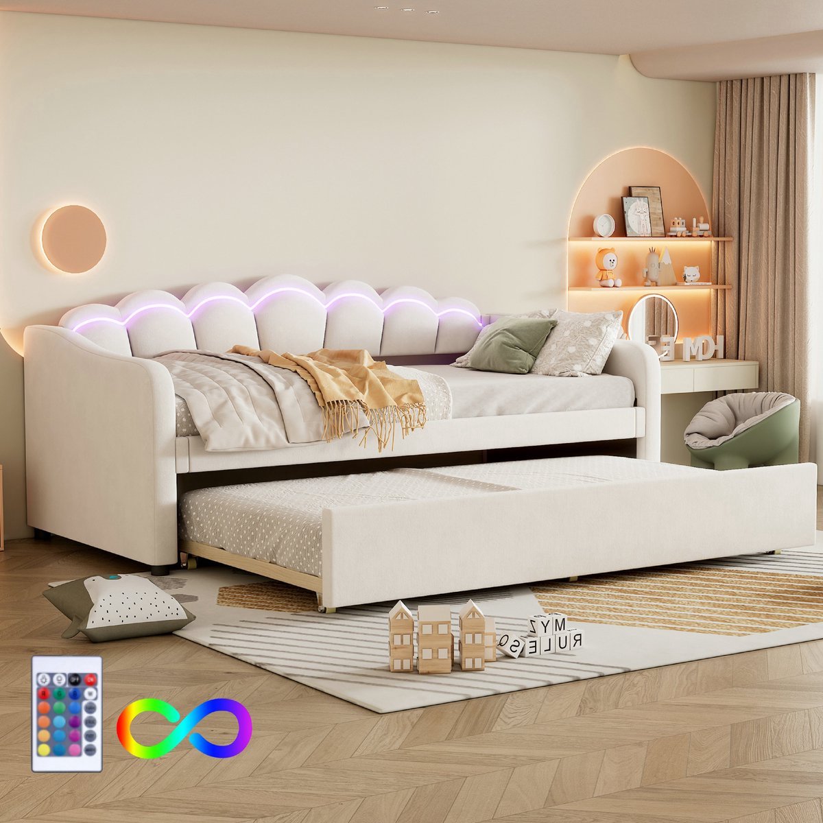 VVBV Slaapbank 1 persoons / Bedbank 90x200 – met LED-Verlichting, Lattenbodem – Fluweel – Beige – Zonder Matras – Daybed en Gestoffeerd Bed van Fluweel