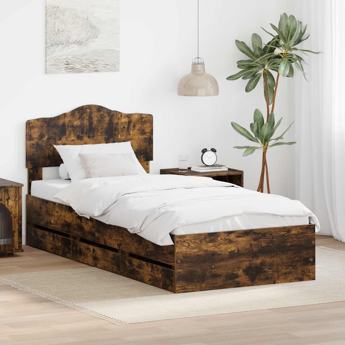 vidaXL Bedframe - met - lade - Rook - Eiken - 90 - x - 190 - cm - Ingenieurshout Gerookt eiken