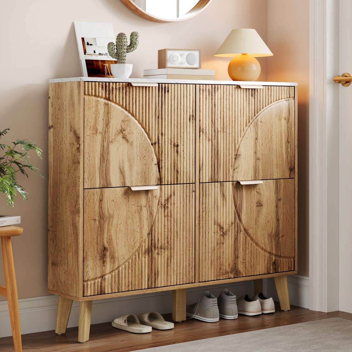 MIVRAY Schoenenkast - 4 Klepdeuren En Slank Ontwerp Voor Hal En Entree - MDF Met Marmerlook Blad - 105x24x95,5 Cm - Naturel