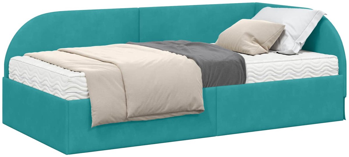 vidaXL Hoekbedframe - met - Matras - 2 - st - Turquoise - 100 - x - 200 - cm - Fluweel