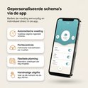 Zwarte automatische voerbak met smartphone waarop "Gepersonaliseerde schema's via de app" staat.