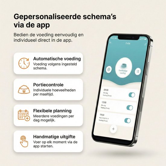 Zwarte automatische voerbak met smartphone waarop "Gepersonaliseerde schema's via de app" staat.