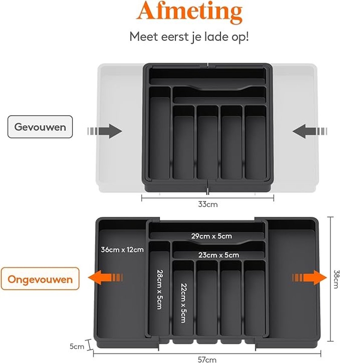 Uitbreidbare Bestek Lade Organisator - 7+2 Vakken - Zwart