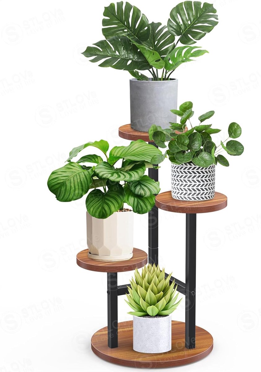 Famanu – Houten en metalen plantenrekken voor binnen, hoekbloemrekken met 3 lagen, hoge bloemenstandaard voor woonkamer en tuin