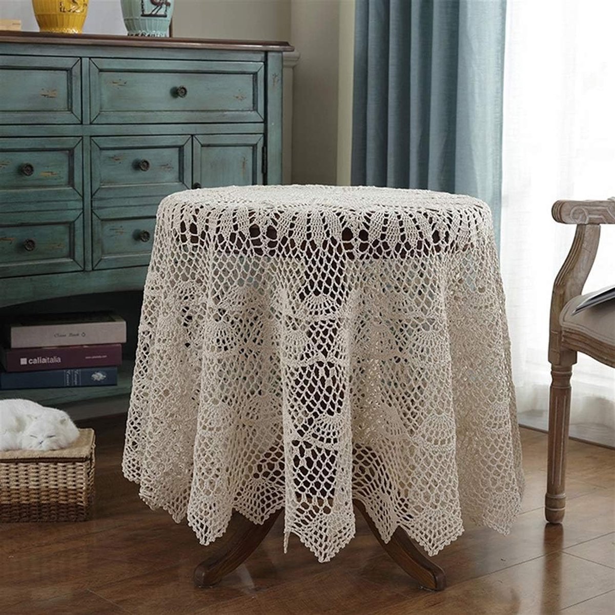 Rond Tafelkleed - Gehaakt Kleed - Tafel Decoratie - Handgeweven Katoen - 110 cm - Beige