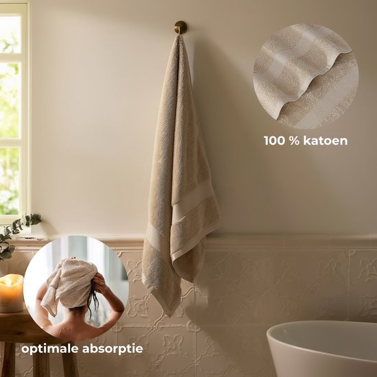HUSH Living Badhanddoek - per stuk - 70×140 cm - 100% katoen - zware kwaliteit 500g/m2 - stijlvol boord en ophanglus - zand