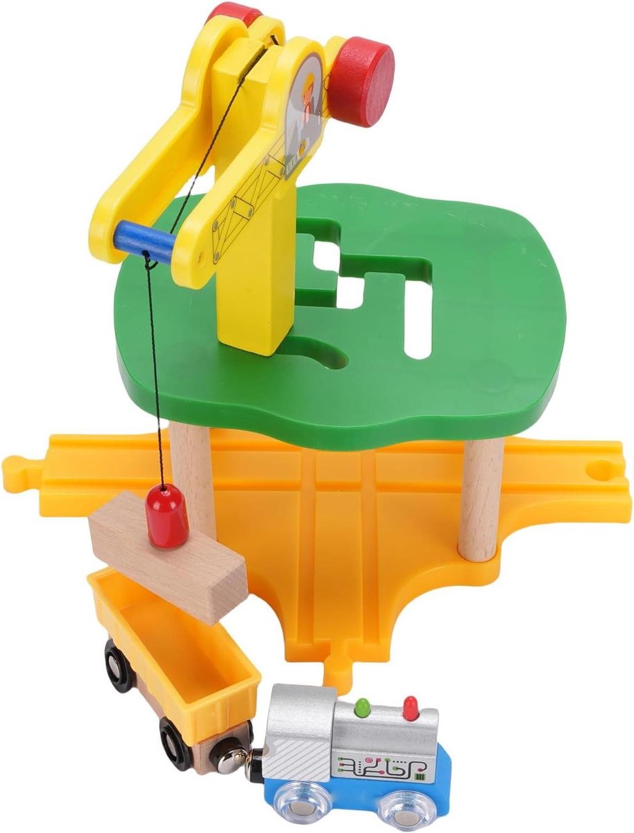 Houten Treinbaan Speelgoedset - Kraantoren Speelgoed - Kinderen Spelen - Stevig Simulatieontwerp - 26 x 18 x 15 cm - Houtkleur
