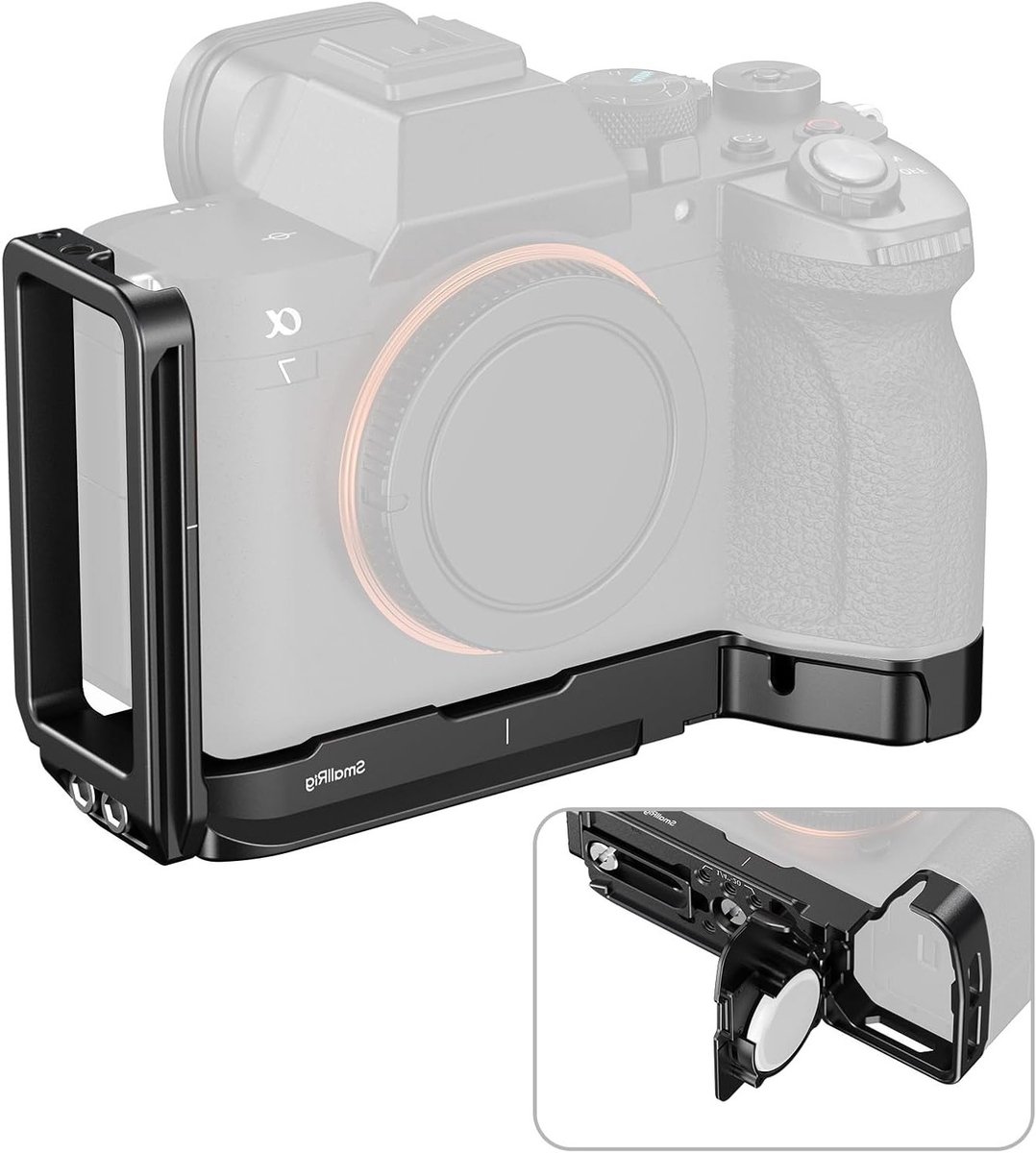 L-vormige Montageschijf voor Sony Alpha 7 V / 7R V / 7 IV, Met AirTag Sleuf, 24 mm Uittrekbare Zijplaat, Snelle Ontgrendeling en Arca-Swiss Compatibiliteit voor Verticaal en Horizontaal Fotograferen