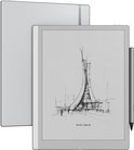 BOOX Go 10.3 (Gen II) e-reader met styluspen, lichtgrijs, met een schets van een futuristische toren.