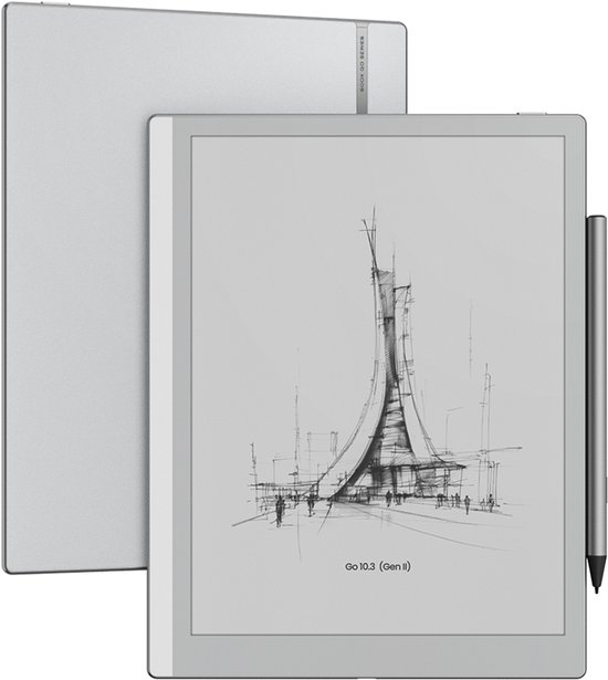 BOOX Go 10.3 (Gen II) e-reader met styluspen, lichtgrijs, met een schets van een futuristische toren.