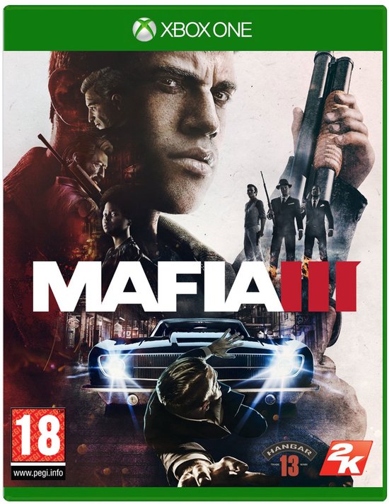 Cover van Mafia III met close-up van een man, een auto en andere personages.
