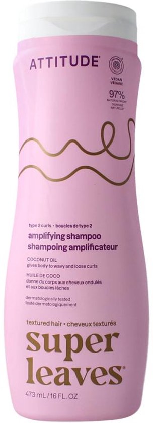 Roze fles ATTITUDE Super Leaves shampoo voor type 2 krullen, met gouden golvende lijnen en tekst.