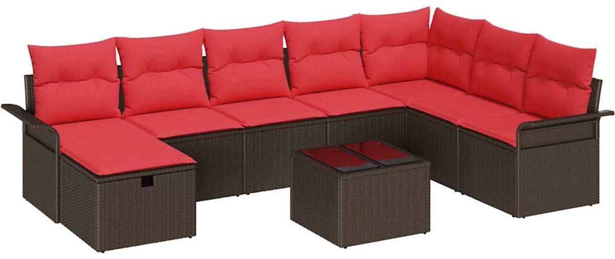 vidaXL - Tuinbank - Set - met - kussen - 9 - pcs - Bruin - en - Rood - poly - rattan