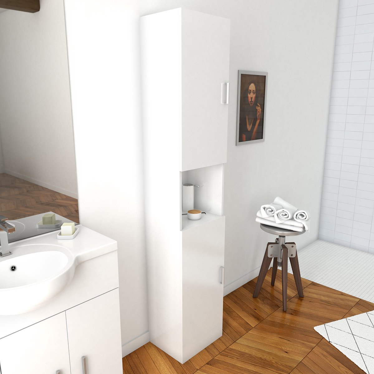 Meuble colonne pour salle de bains 35x30x182 cm - Blanc laqué - THRIFTY 35