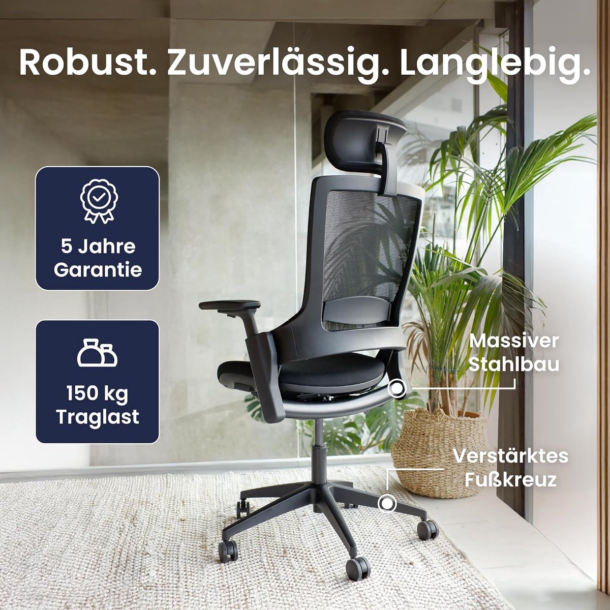 Bureaustoel Ergonomisch - House&Garden ErgoMaster Pro Ergonomische Kantoorstoel met Hoofdsteun - Verstelbare Lendensteun - 3D Armleuningen - Synchroonmechanisme - Ergonomische Testwinnaar - Belastbaar tot 136 kg - Zwart