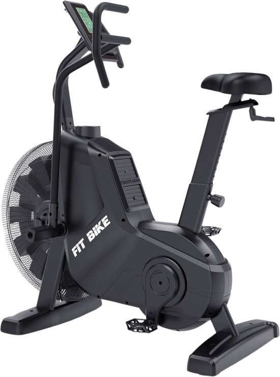 Zwarte FitBike 'The Beast' airbike met display, zadel en grote ventilator.