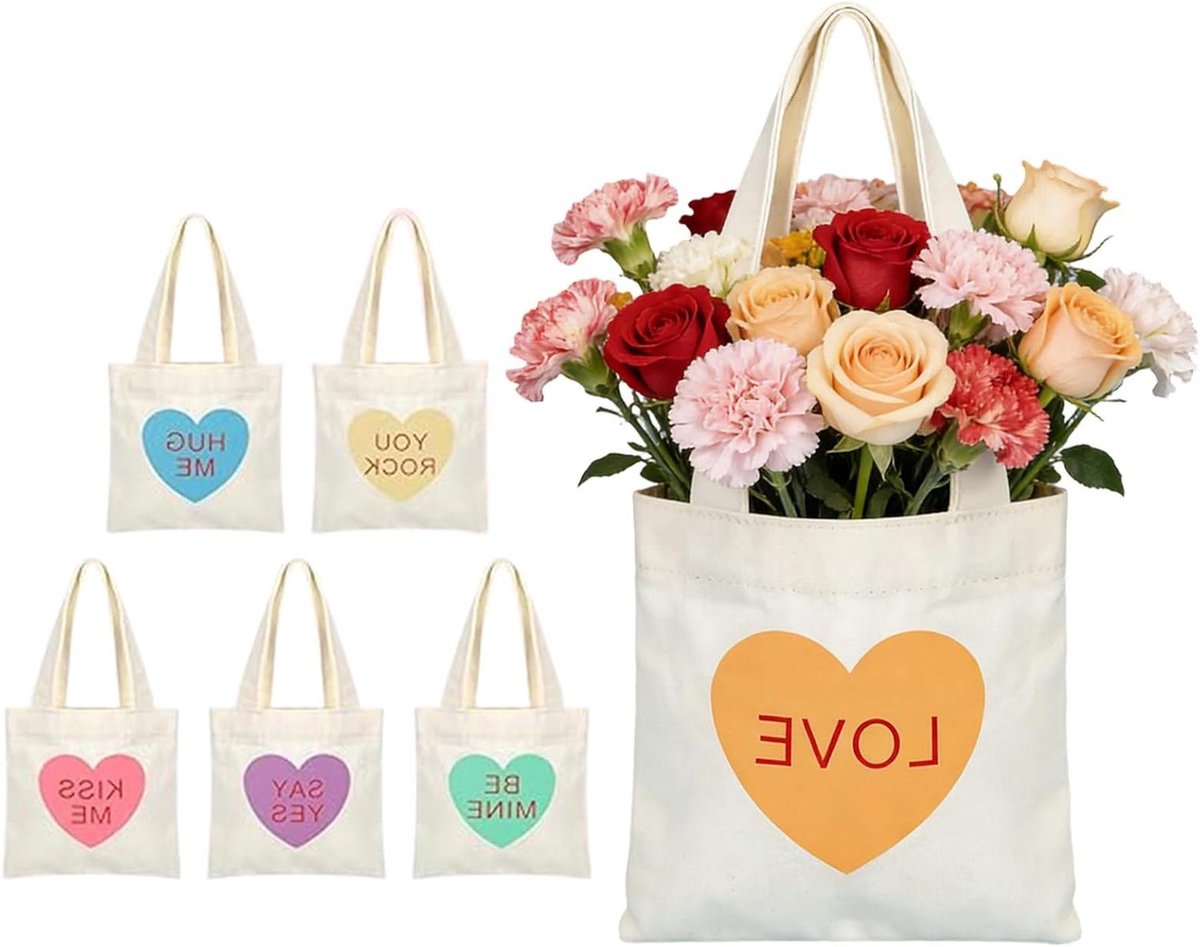 Linnen tas - Draagtas cadeau - Valentijnsdag geven - Hart met boodschap - 6 stuks - Meerkleurig