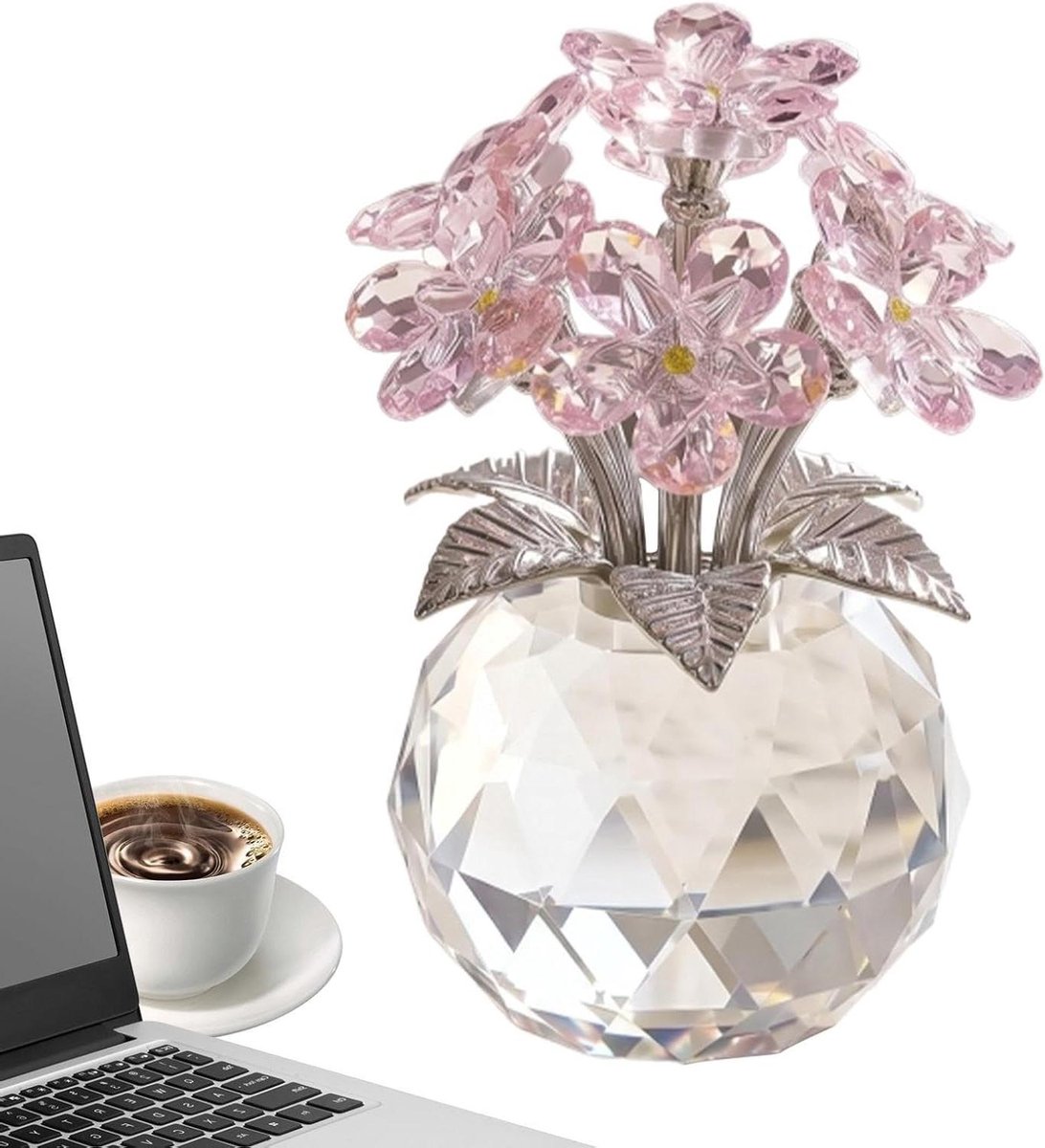 Boeket Beeldhouwwerk - Kristallen Ornament - Interieur Verfraaien - Realistisch Display - 13.5 cm Lengte - Roze