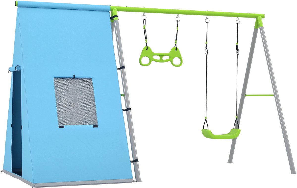 3-in-1 Schommel- en Speelframe – Rocking Frame met Speeltent, Schommel en Gymringen – Buitenspeeltoestel voor Kinderen – Multicolor