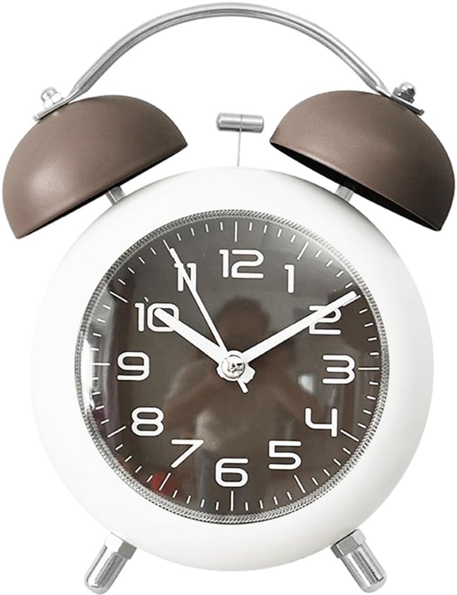 Oneay Wekker, metalen analoge bureauklok van 10 cm met nachtlampje, stil, voor studentenkamer, thuis, kantoor en op reis (bruin)