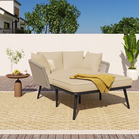 Salon de jardin - Canapé de jardin 2 places - Avec coussins amovibles - Kaki - Chaise longue