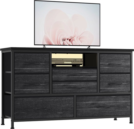 8-ladig Zwart tv-meubel met stopcontact, ledverlichting en stoffen lades, metalen frame en houten blad, geschikt voor 55-inch tv, dressoir en consoletafel voor woonkamer, slaapkamer en hal