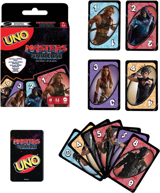 UNO Masters of the Universe speelkaartenverpakking met losse kaarten en een hand met kaarten.