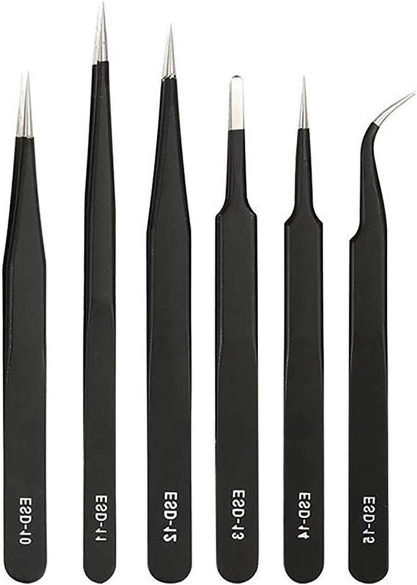 Pincetset Roestvrij Staal - Precisie Pincetten - Nauwkeurig Werk - Antistatisch Ontwerp - 6 Stuks - Zilverkleurig