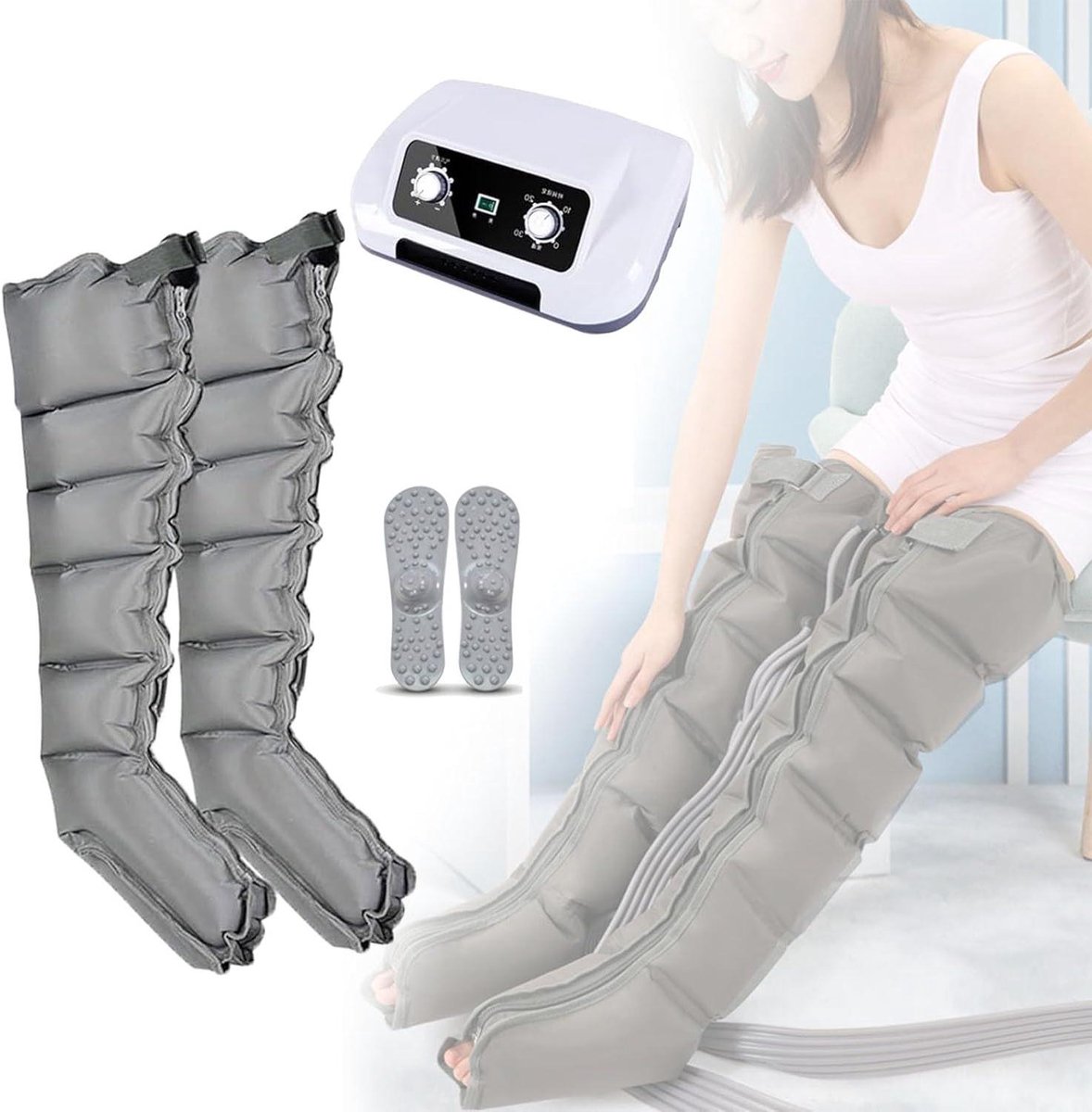 Luchtcompressie Massager - Been Lymfe Drainage - Ontspanning Spieren - 6 Luchtkamers - Instelbare Druk - Grijs