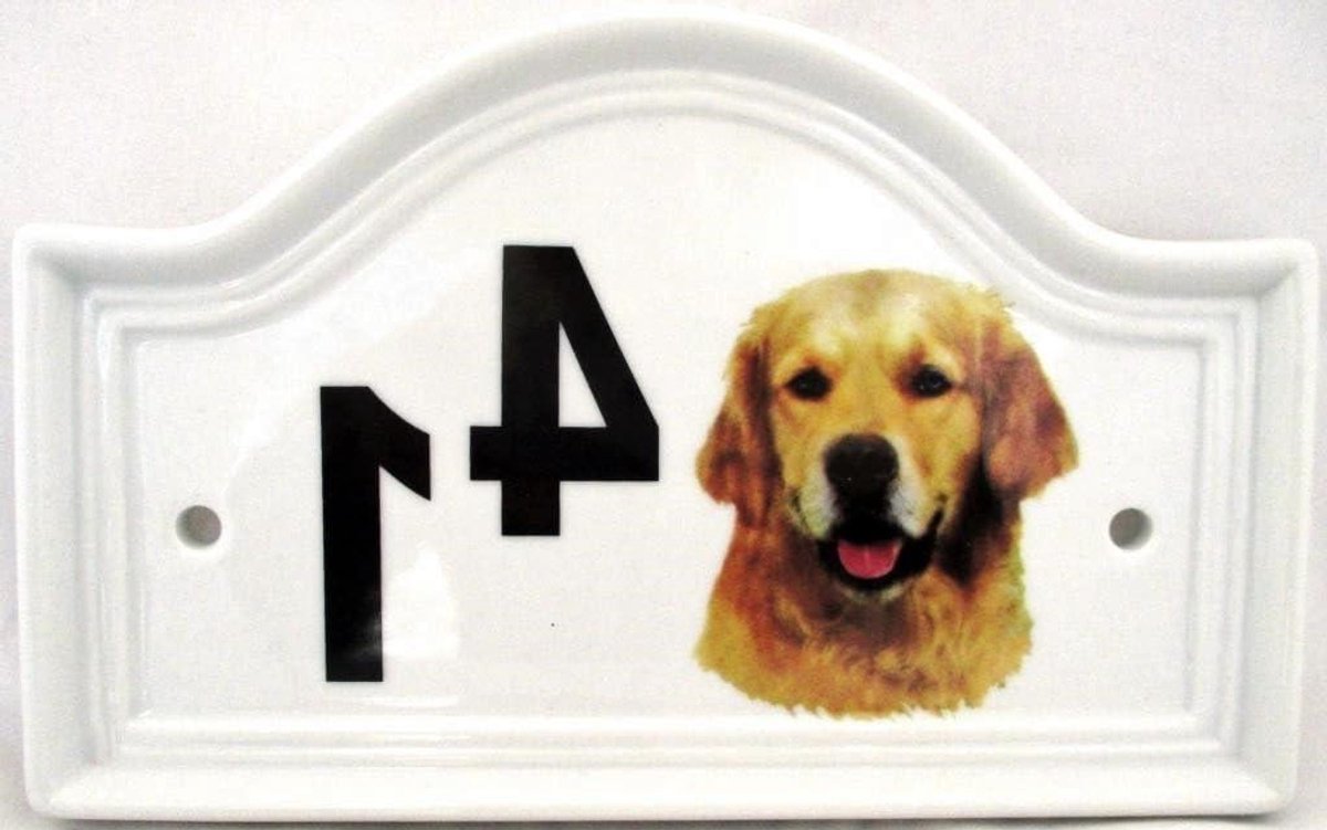 Huisnummer Plaquette - Keramiek Hond - Huis Identificatie - Handgemaakt Decor - 21.8 cm - Wit