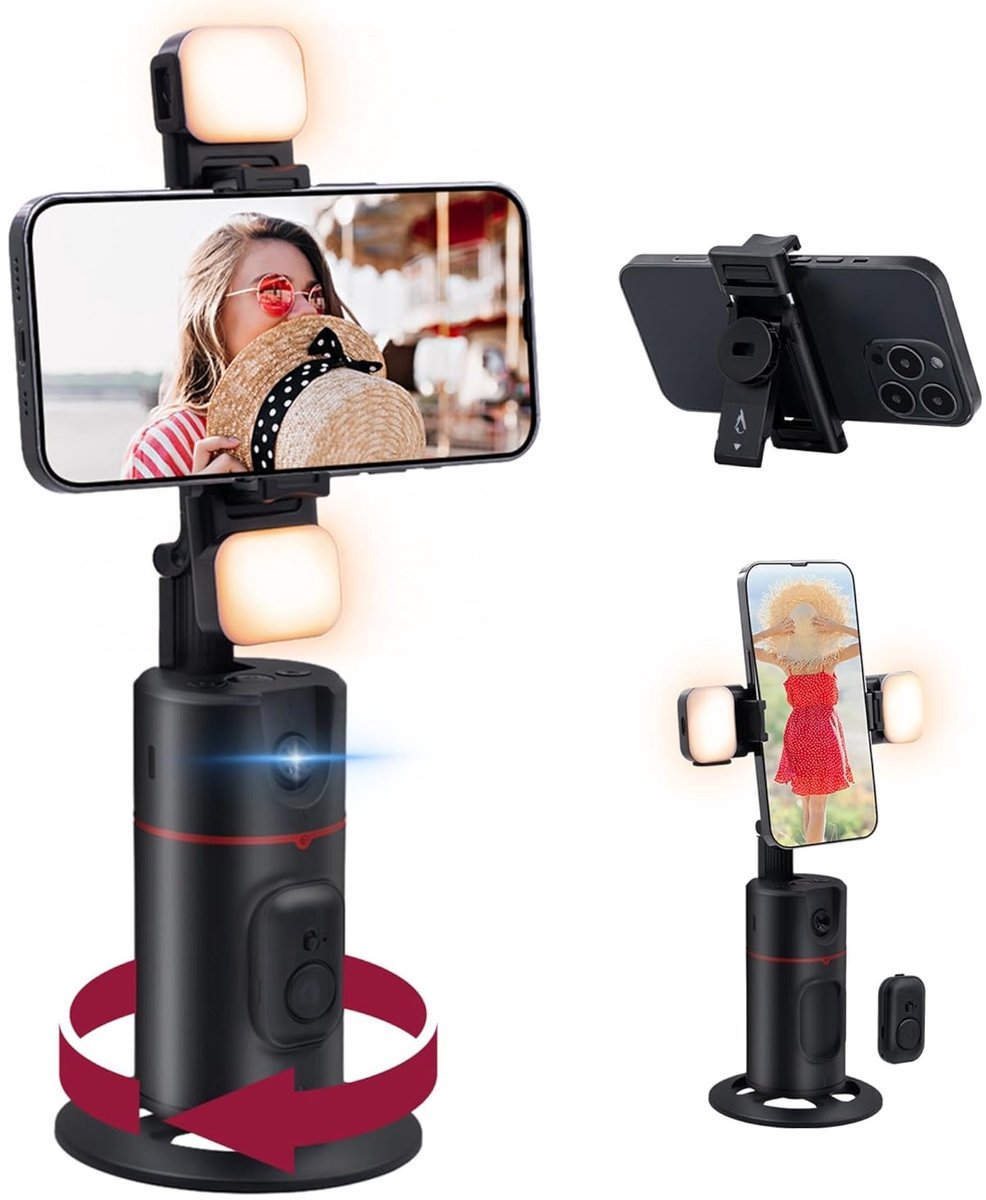Auto Face Tracking Telefoonstatief met 2 Selfie Lichten, 360 Graden Rotatie, Afstandsbediening en Gesture Control voor Mobiele Telefoons en Gimbal Stabilizers - Zwart
