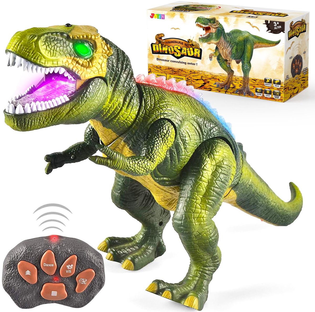 Joyin op afstand bedienbare led-speelgoeddinosaurus, elektronische T-Rex, loopt en brult, met lichtgevende ogen en schuddende kop, voor kleine jongens en meisjes