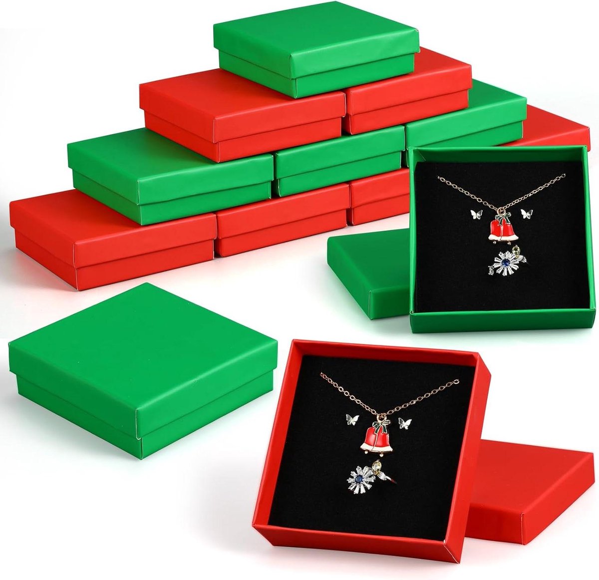 Sieradendoosjes Set - Cadeauverpakking Doosjes - Kleine Cadeaus Verpakken - Met Katoenen Vulling - 12 Stuks - Rood en Groen